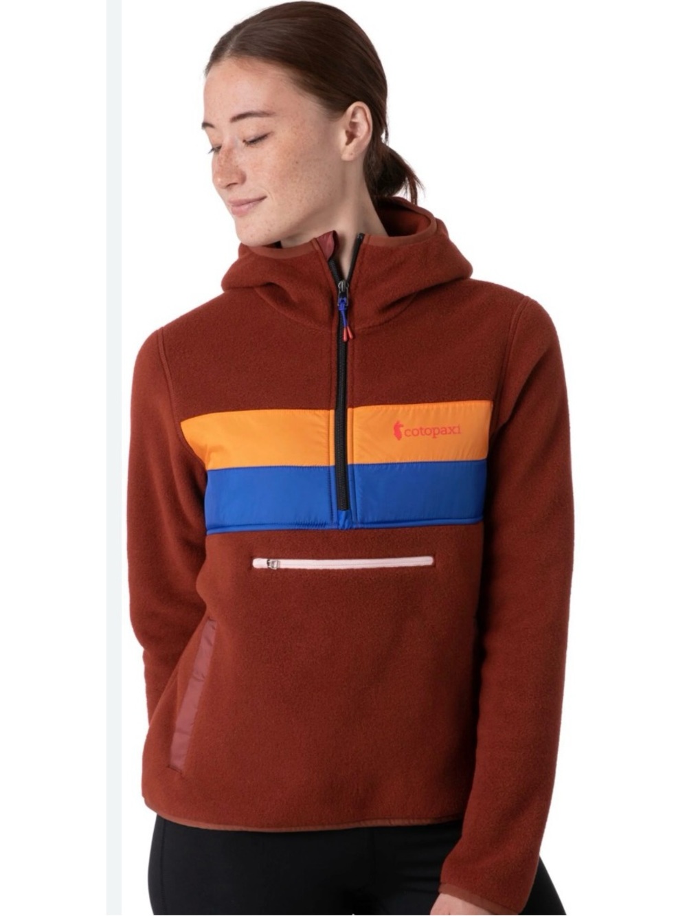 Cotopaxi Rust Pullover Fleece with Orange & Blue Stripes